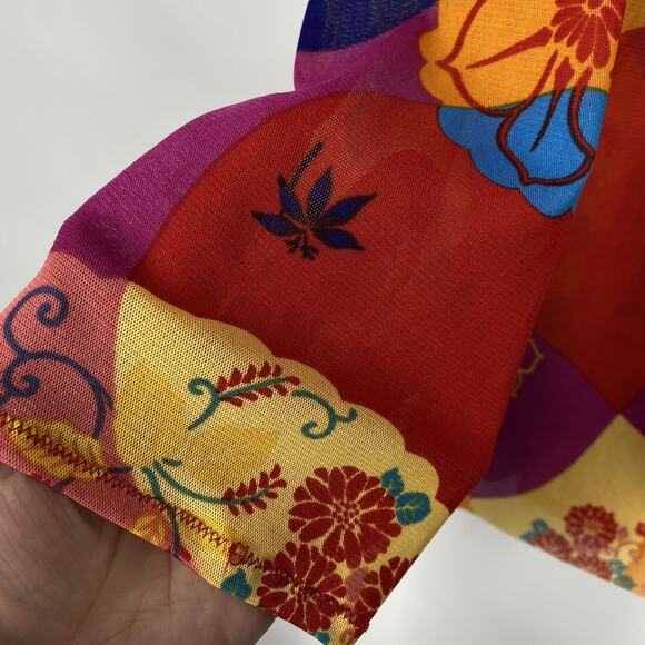 Forenza Mesh Faux Wrap Top Women Size Medium Colorful Floral 3/4 Sleeve Pullover - Picture 3 of 6